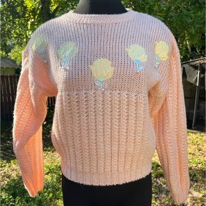 Vintage 80s Knitty Bits Hand Knit Sweater Rose/Pearl detail